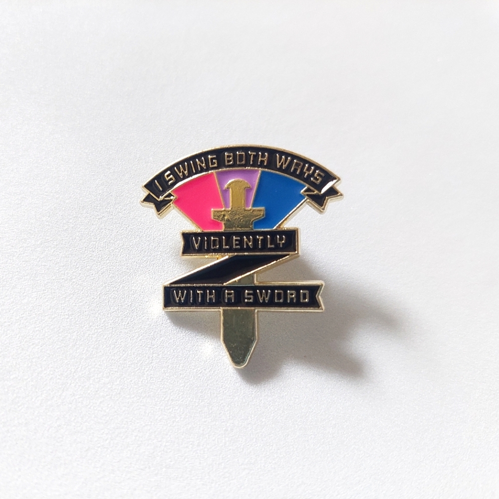 🧁 3/$30 I Swing Both Ways Violently With A Sword Funny Enamel Pin NEW